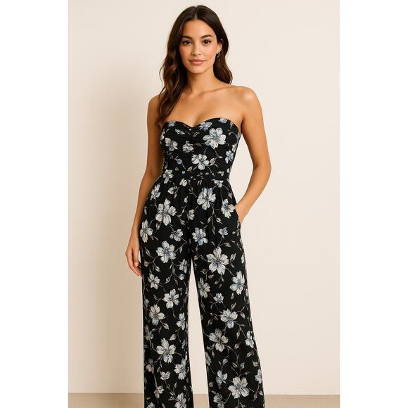 Anthropologie Band of Gypsies Medium whimsygoth black floral strapless jumpsuit - Picture 1 of 10
